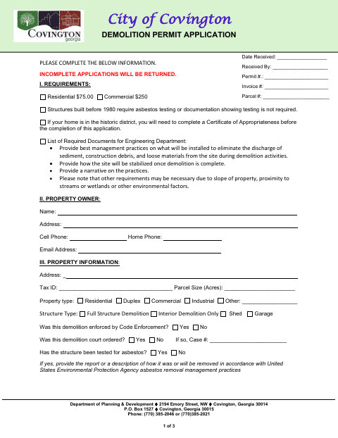First page of the Demolition Permit Application