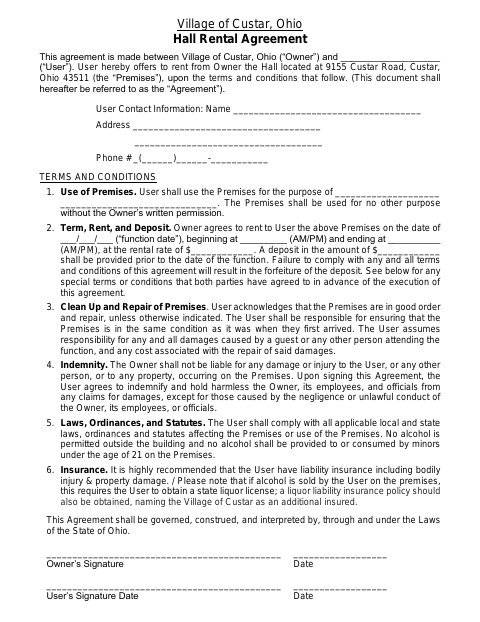 First page of the Hall Rental Agreement