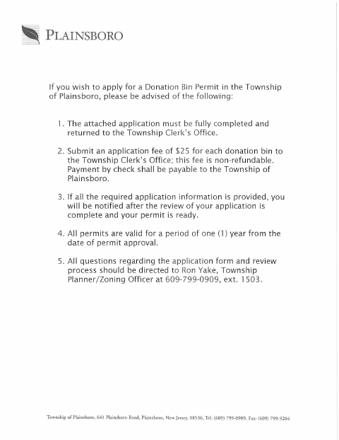 First page of the Donation Bin Permit Application