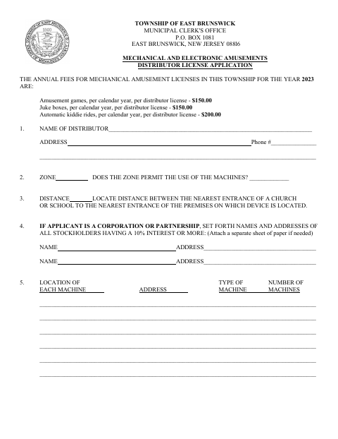 First page of the Mechanical and Electronic Amusements Distributor License Application