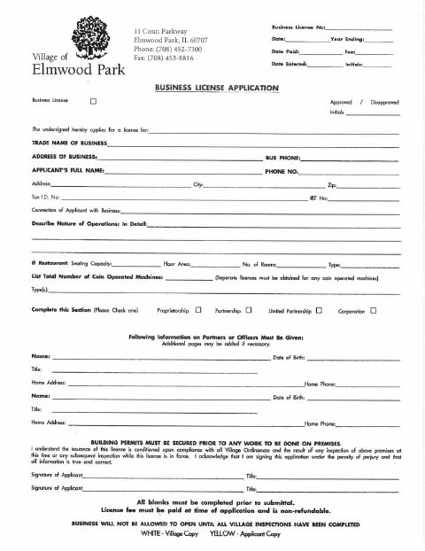 First page of the Business License Application