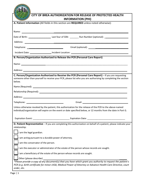 First page of the Authorization for Release of Protected Health Information