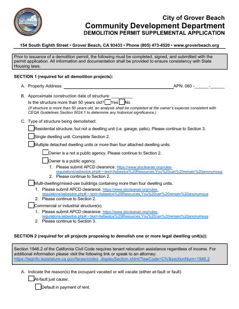 First page of the Demolition Permit Supplemental Application