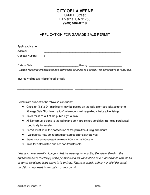 First page of the Application for Garage Sale Permit