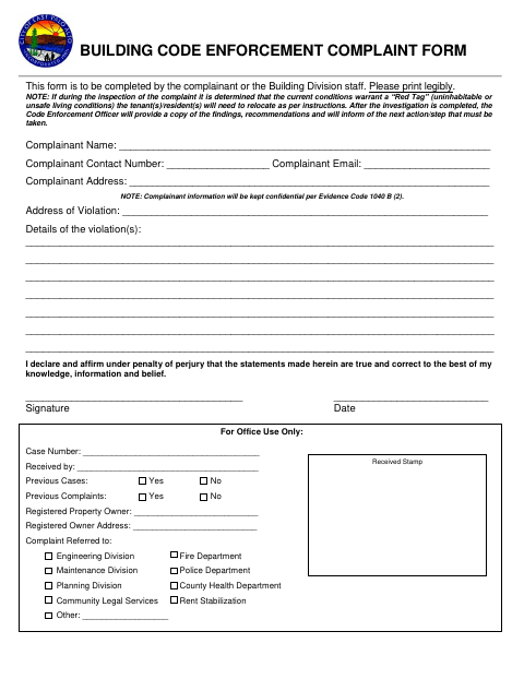 First page of the Building Code Enforcement Complaint Form