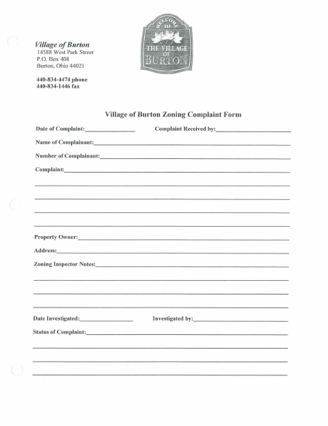 First page of the Zoning Complaint Form