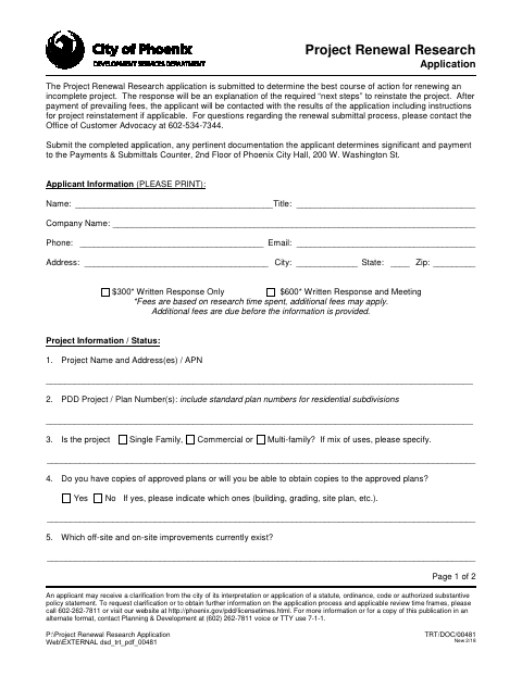 First page of the Project Renewal Research Application