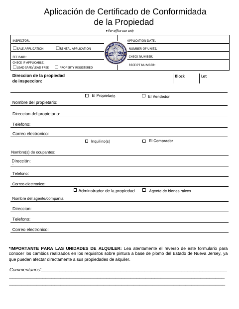 First page of the Property Conformity Certificate Application