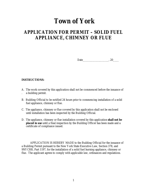 First page of the Application for Permit – Solid Fuel Appliance, Chimney or Flue