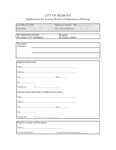 First page of the Application for Zoning Board of Adjustment Hearing (Variance/CUP/Appeal)