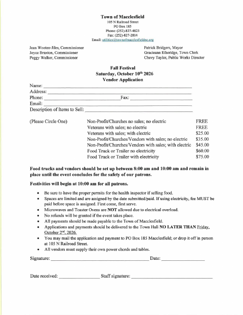 First page of the Fall Festival 2026 Vendor Application