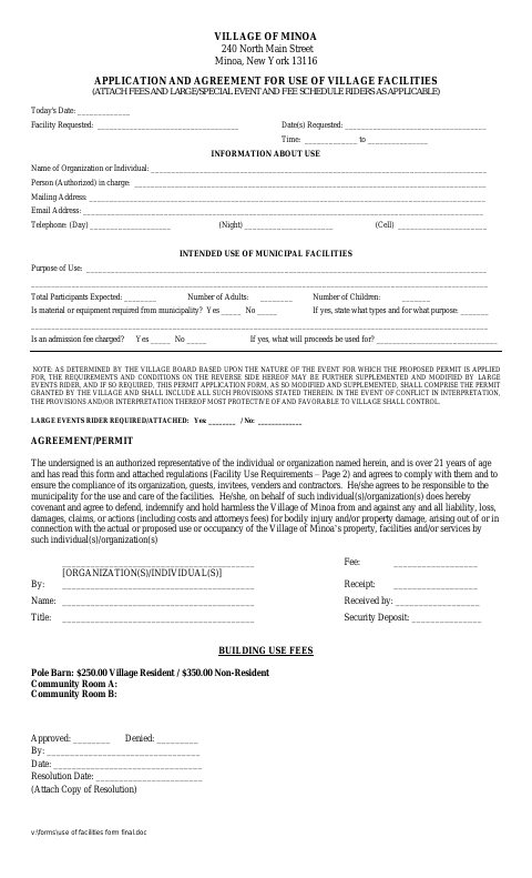 First page of the Application and Agreement for Use of Village Facilities