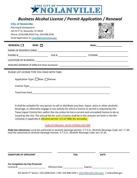 First page of the Business Alcohol License / Permit Application / Renewal