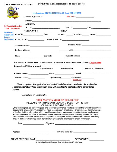 First page of the Door to Door Soliciting Permit Application
