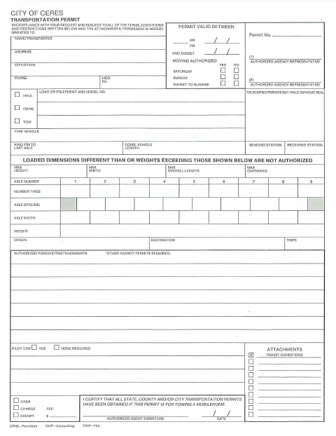 First page of the Transportation Permit Form