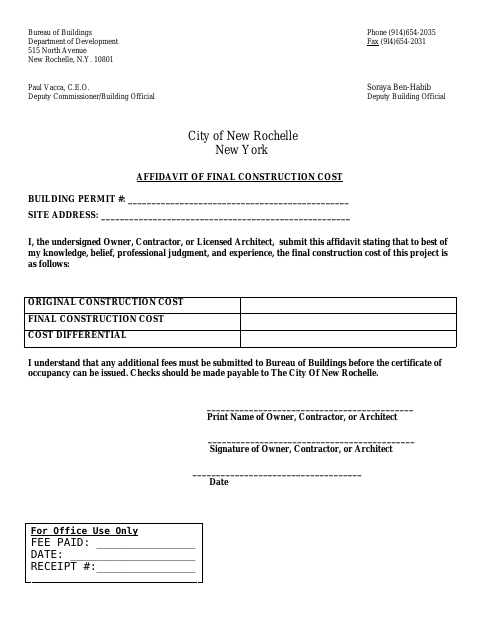 First page of the Affidavit of Final Construction Cost