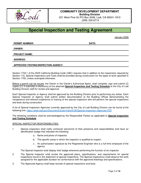 First page of the Special Inspection and Testing Agreement