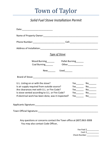 First page of the Solid Fuel Stove Installation Permit