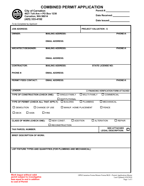 First page of the Combined Permit Application