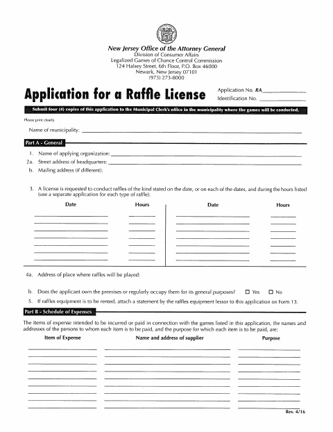 First page of the Raffle License Application