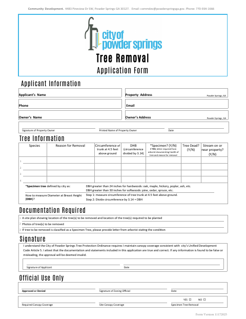 First page of the Tree Removal Application Form
