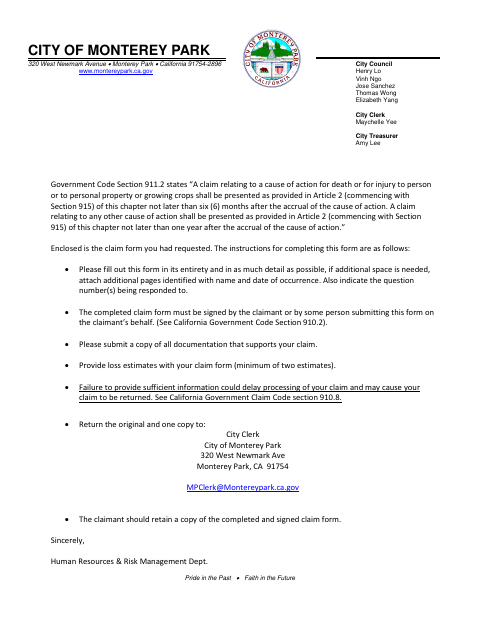 First page of the Claim for Damages