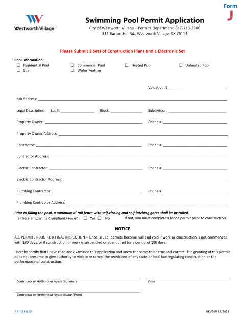 First page of the Swimming Pool Permit Application