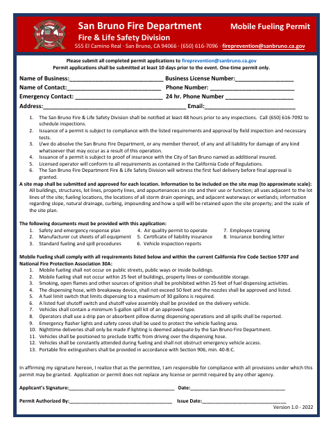 First page of the Mobile Fueling Permit