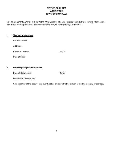 First page of the Notice of Claim Against the Town