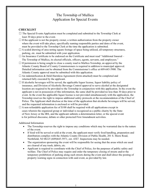 First page of the Application for Special Events