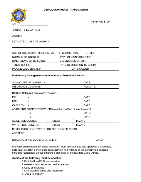 First page of the Demolition Permit Application