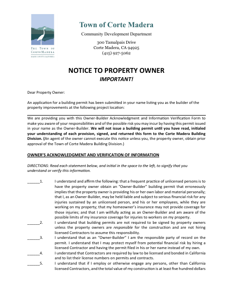 First page of the Owner-Builder Acknowledgement Form