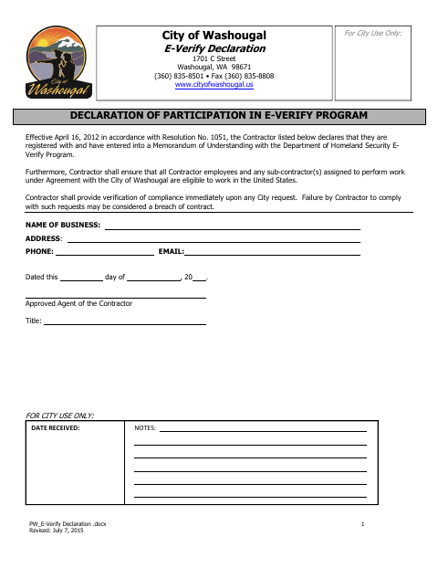 First page of the Declaration of Participation in E-Verify Program
