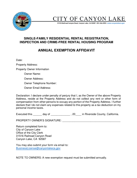 First page of the Single-Family Residential Rental Program Annual Exemption Affidavit