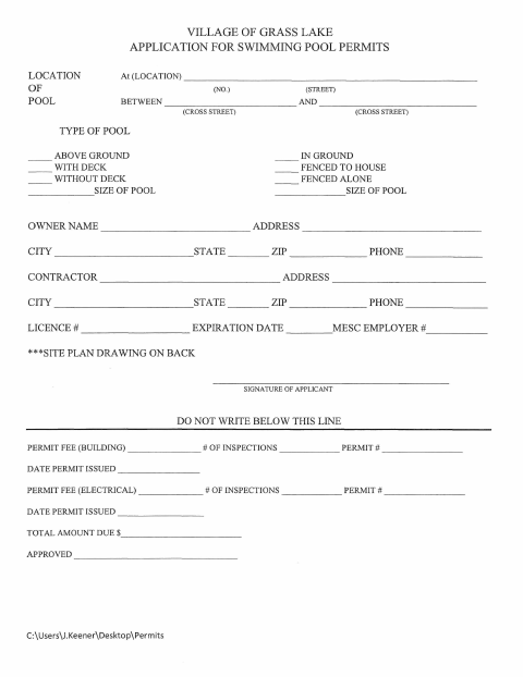 First page of the Swimming Pool Permit Application