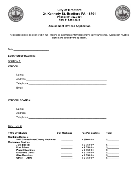 First page of the Amusement Devices Application