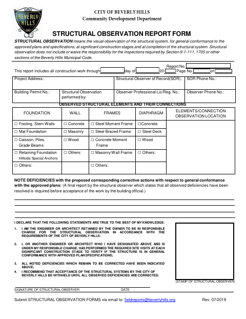 First page of the Structural Observation Report Form