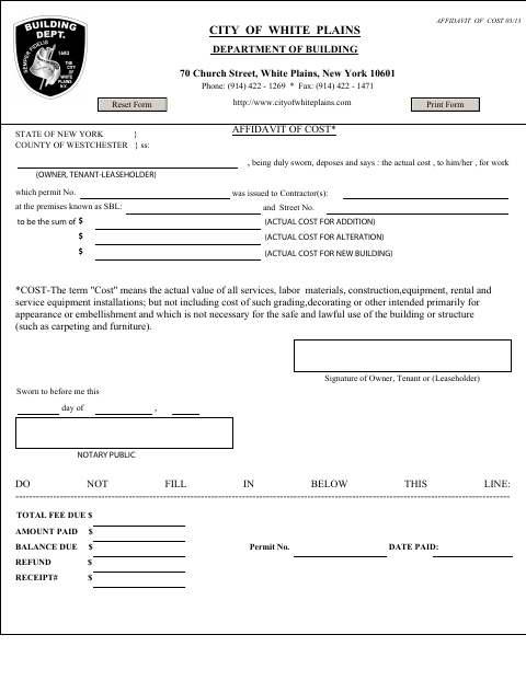 First page of the Affidavit of Cost