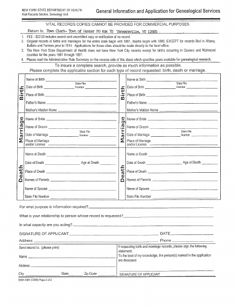 First page of the Genealogical Services Form
