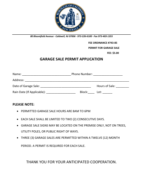 First page of the Permit For Garage Sale