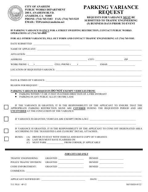 First page of the Parking Variance Request