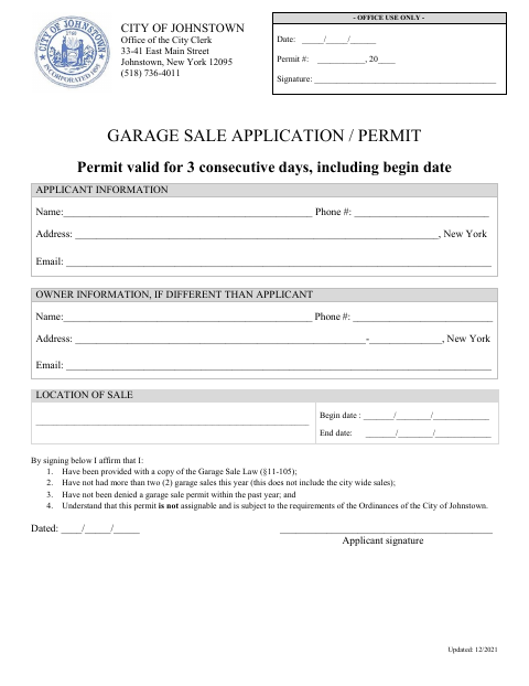 First page of the Garage Sale Application / Permit