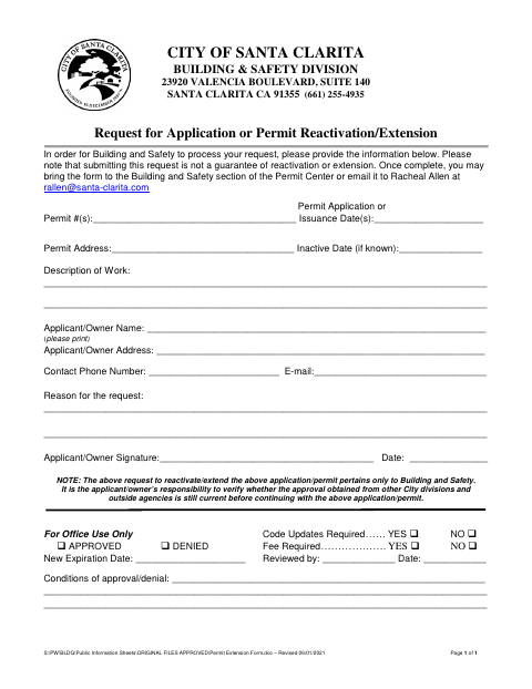First page of the Request for Application or Permit Reactivation/Extension