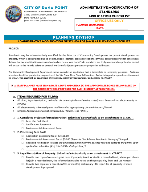 First page of the Administrative Modification of Standards Application Checklist