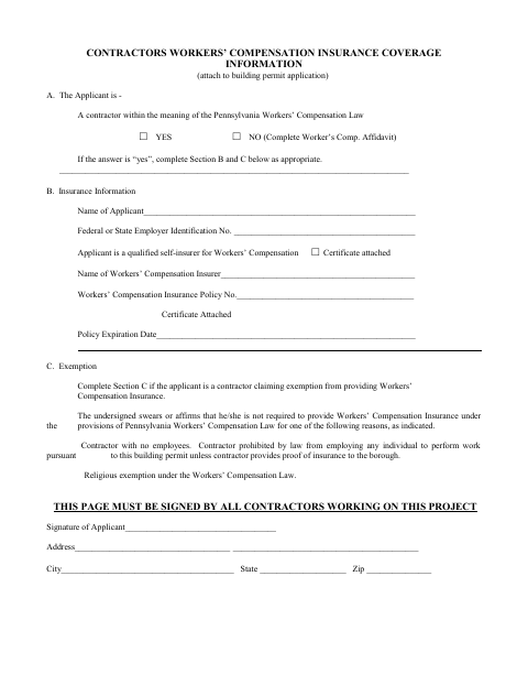 First page of the Contractors Workers’ Compensation Insurance Coverage Information