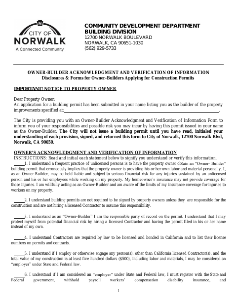 First page of the Owner-Builder Acknowledgment and Verification of Information