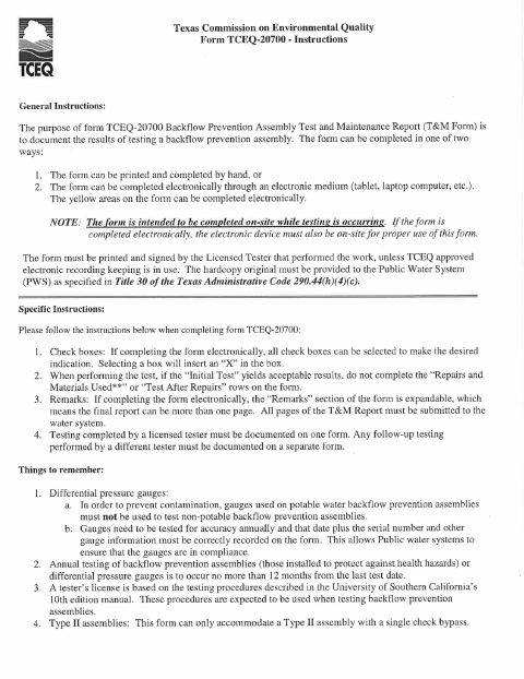 First page of the TCEQ Backflow Prevention Assembly Test and Maintenance Report