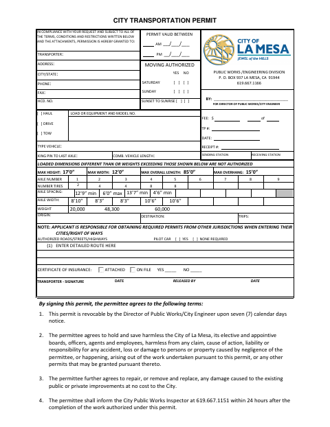 First page of the Transportation Permit