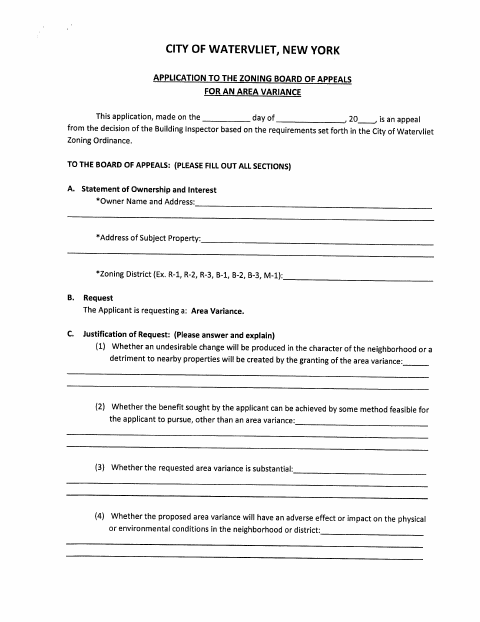 First page of the Zoning Board of Appeals Area Variance Application