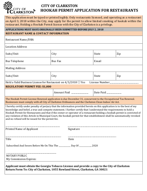 First page of the Hookah Permit Application for Restaurants